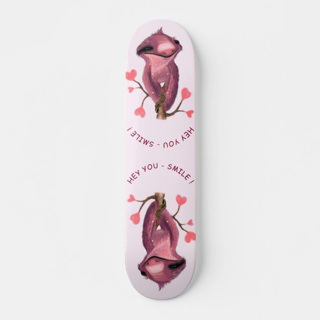 Funny Romantic Sloth Smile Cartoon Animal Drawing  Skateboard (Front)