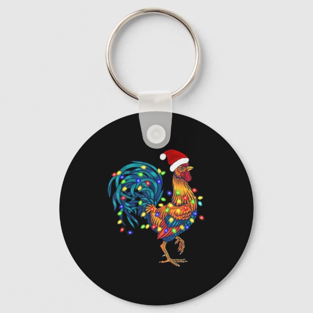 Funny Rooster Chicken Christmas Lights Pajama Farm Keychain (Front)