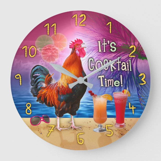 Funny Rooster Chicken Cocktail Time Tropical Beach Large Clock (Front)