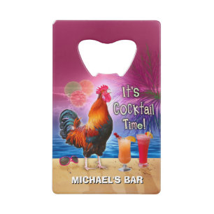 Funny Rooster Chicken Cocktail Tropical Beach Name Credit Card Bottle Opener