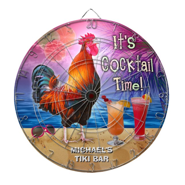Funny Rooster Chicken Cocktail Tropical Beach Name Dartboard (Front)