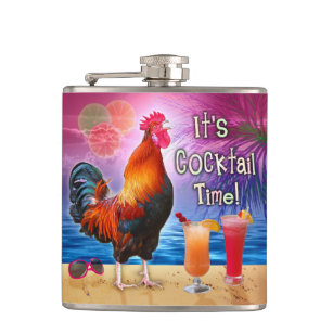 Funny Rooster Chicken Cocktails Tropical Beach Sea Hip Flask