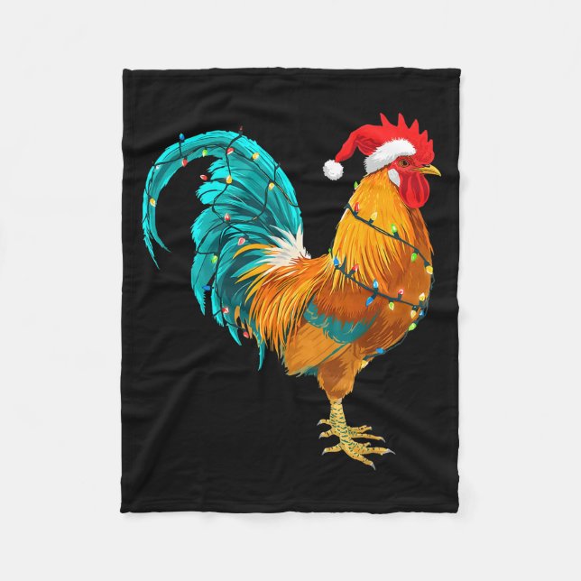 Funny Rooster Chicken Santa Christmas Lights Farme Fleece Blanket (Front)