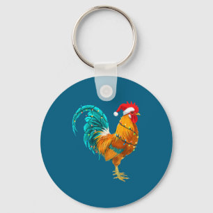 Funny Rooster Chicken Santa Christmas Lights Farme Keychain