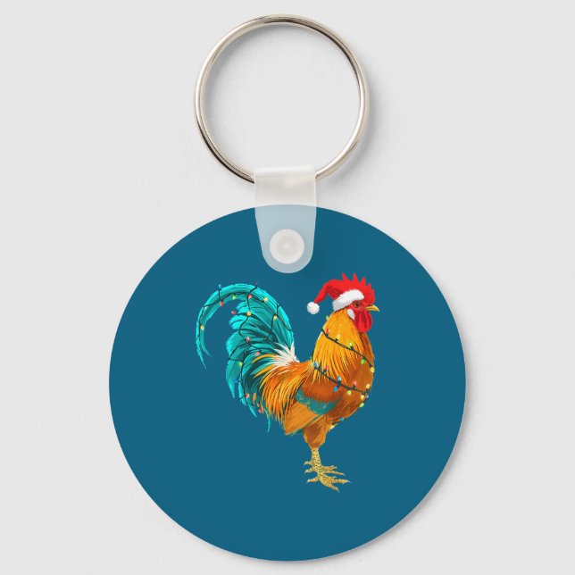 Funny Rooster Chicken Santa Christmas Lights Farme Keychain (Front)