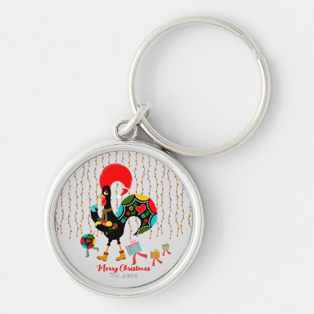 Funny Rooster, Christmas lighs, gifts and baubles Keychain (Front)