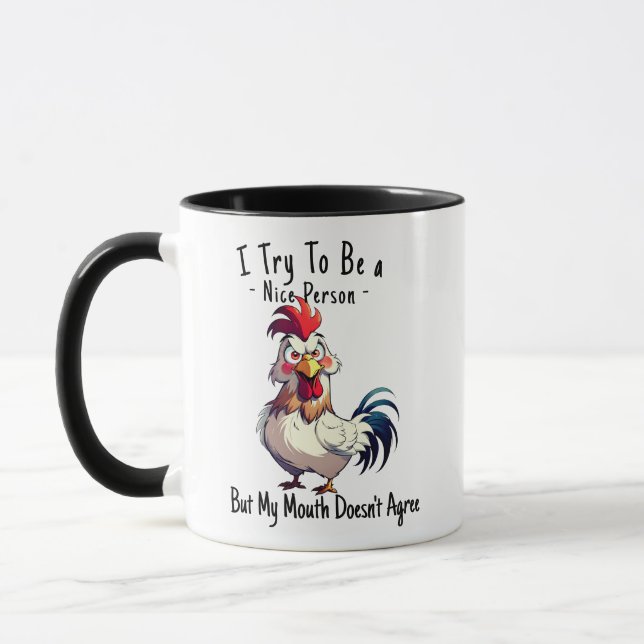Funny Rooster Sarcastic Pun Coffee Mug - Bad Mouth (Left)