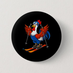 Funny Rooster Skiing Adventure Cartoon 2 Inch Round Button