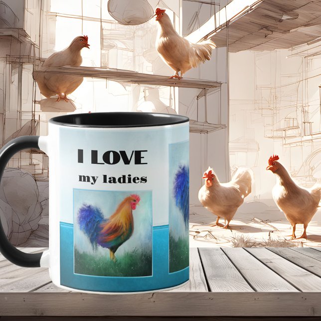 Funny Rooster Turquoise  Coffee Mug (Funny mug featuring a turquoise and light blue design with original paintings of a rooster.)