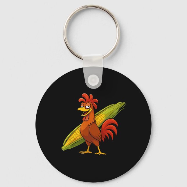 Funny Rooster With Corn Cob Thanksgiving Chicken F Keychain (Front)
