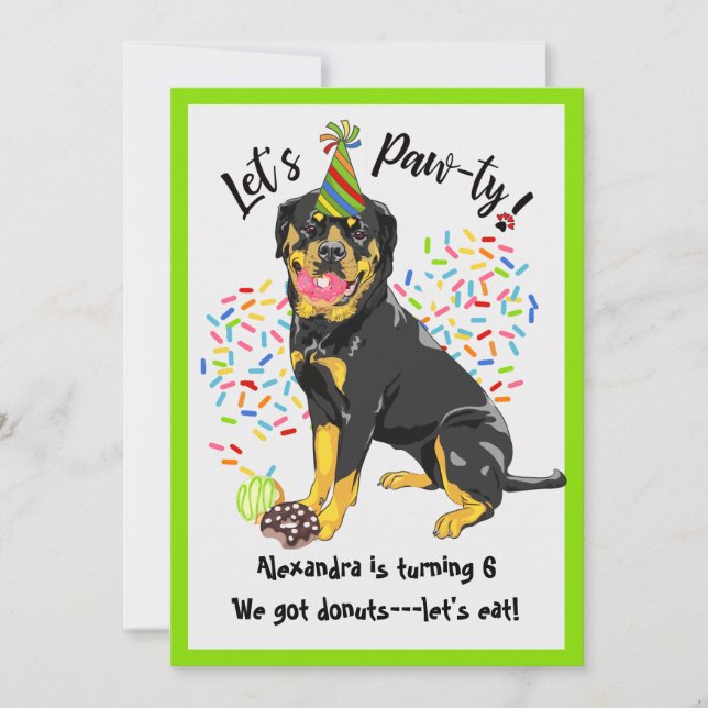 Funny Rottweiler Dog Doughnuts Birthday Party Invitation (Front)