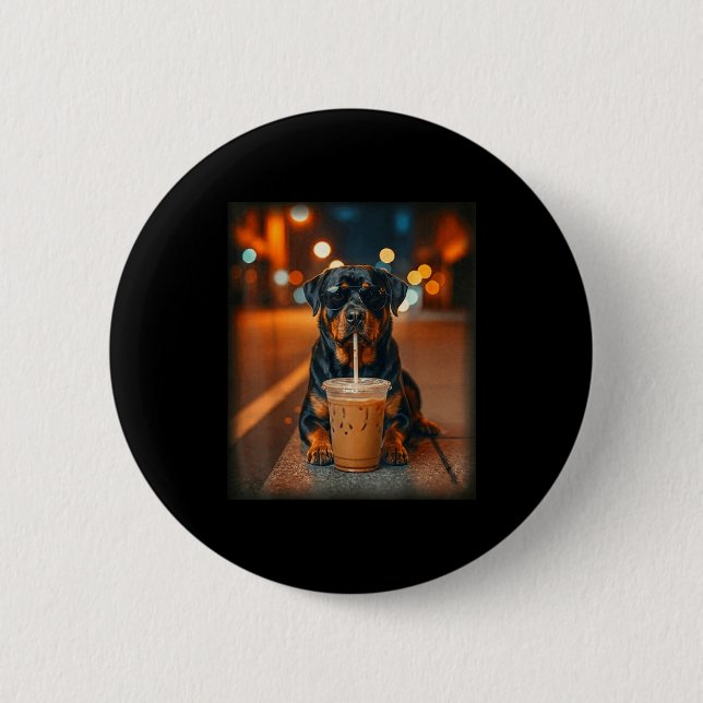 Funny rottweiler drinking iced coffee lover dog 2 inch round button (Front)