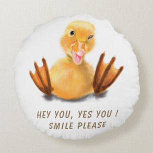 Funny Round Pillow with Playful Duck - Smile