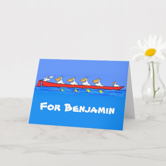 Funny rowing pelicans cartoon illustration card (Small Plant)