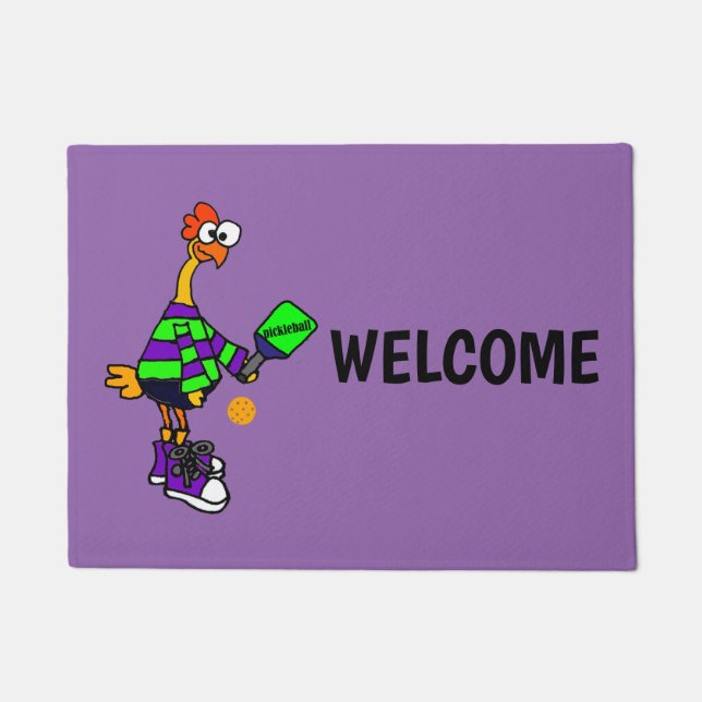 Funny Rubber Chicken Playing Pickleball Doormat (Front)