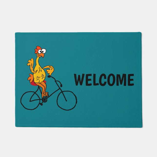 Funny Rubber Chicken Riding Bicycle Doormat (Front)