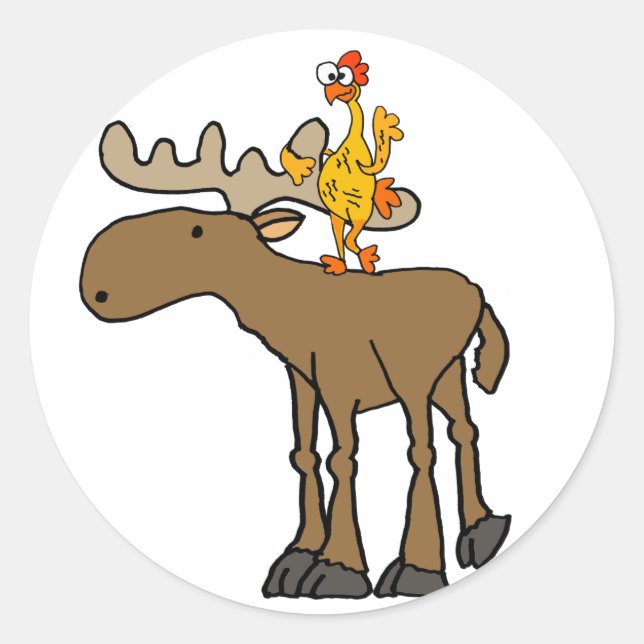 Funny Rubber Chicken Riding Moose Cartoon Classic Round Sticker (Front)