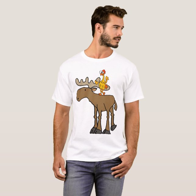 Funny Rubber Chicken Riding Moose Cartoon T-Shirt (Front Full)