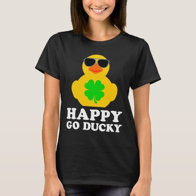 Funny Rubber Duck Four Leaf Clover Sunglasses Happ T-Shirt (Front)