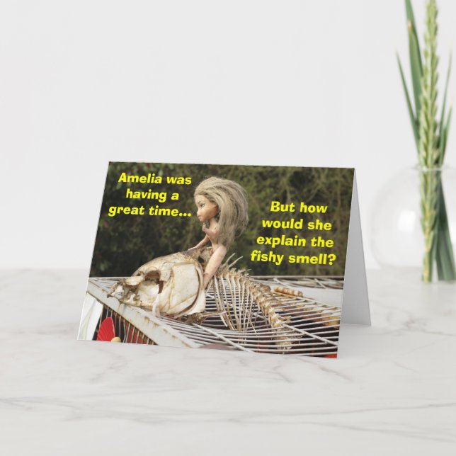Funny & Rude Doll Riding A Dead Carp Fish, Card. Card (Front)