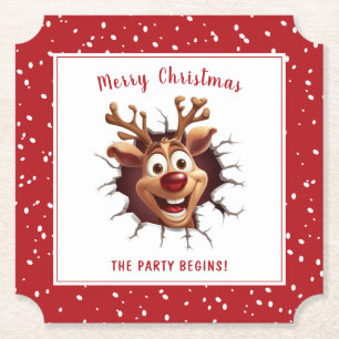 Funny Rudolph breaking through Text Christmas Paper Coaster