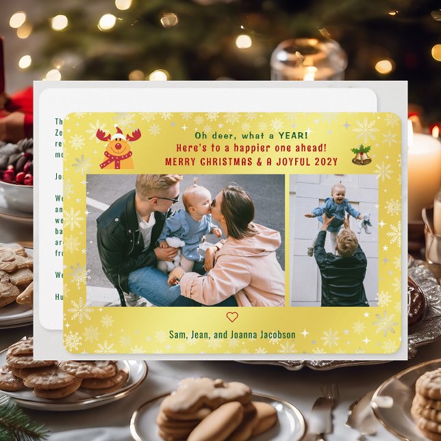 Funny Rudolph Oh Deer Merry Xmas 2 Photos Golden  Holiday Card (Cute Funny Modern Oh Deer What a Year Rudolph Snow Merry Xmas Joyful New Year 2 Photos Letter Golden)
