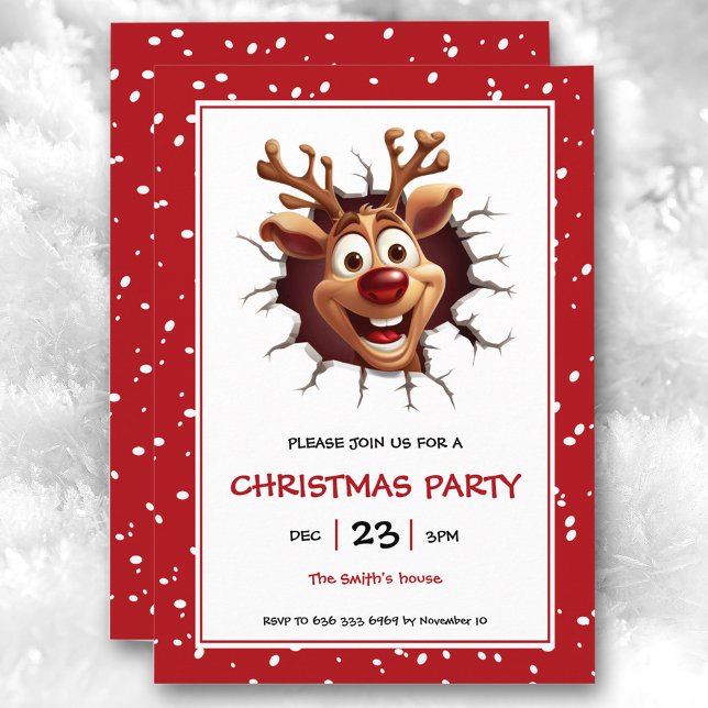 Funny Rudolph Reindeer Noël Invitation (Funny Rudolph Reindeer Christmas Party Invitation)