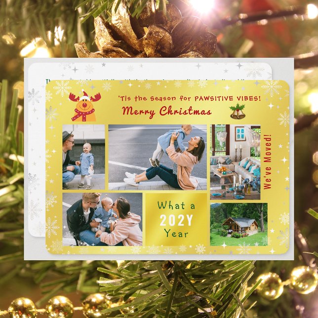 Funny Rudolph We've Moved 5 Photos Elegant Golden Holiday Card ('Tis the Season for Pawsitive Vibes. Funny Cute Golden Rudolph 5 Photos Christmas We've Moved Letter)