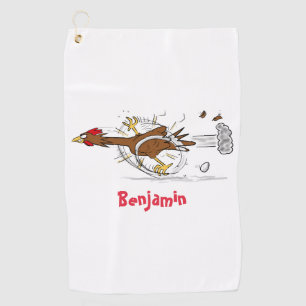 Funny running cool chicken cartoon illustration  golf towel