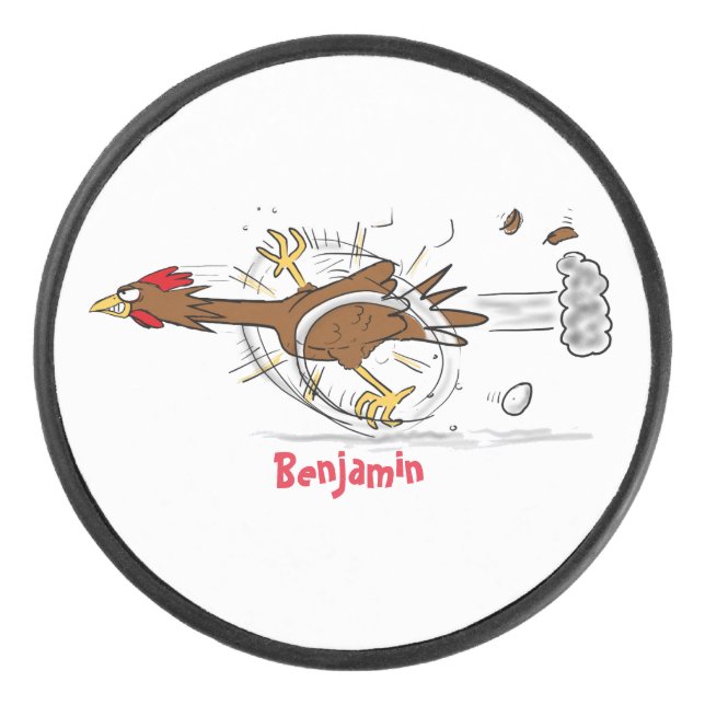 Funny running cool chicken cartoon illustration hockey puck (Front)