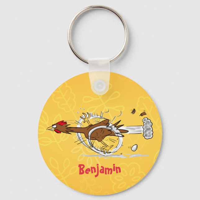 Funny running cool chicken cartoon illustration keychain (Front)