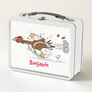 Funny running cool chicken cartoon illustration metal lunch box