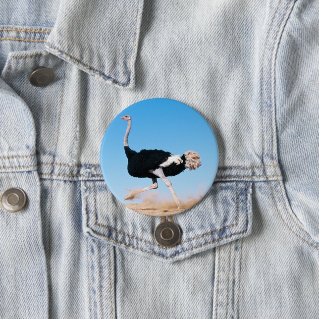 Funny Running Ostrich Photo Pin-Back 3 Inch Round Button (In Situ)