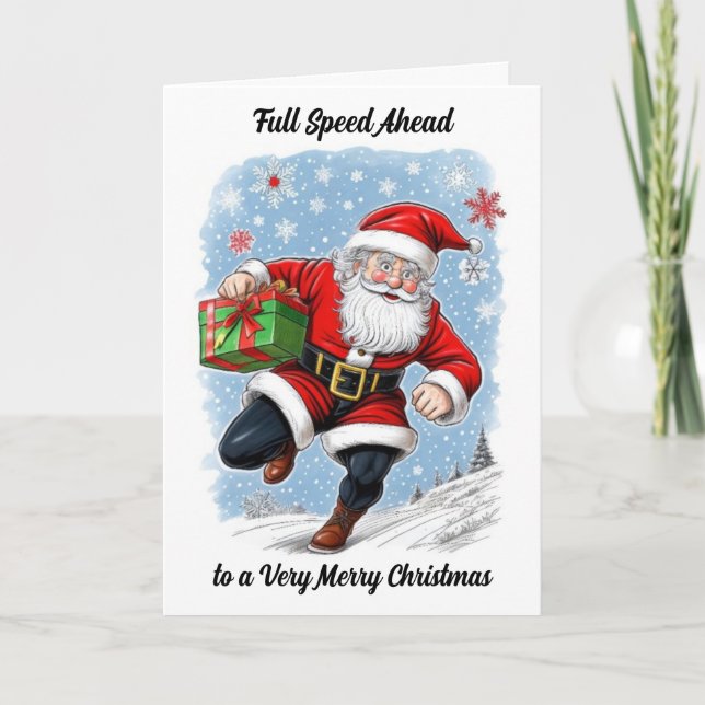 Funny Running Santa Claus Christmas Card (Front)