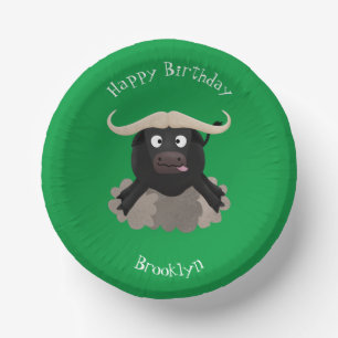 Funny running water buffalo cartoon paper plate