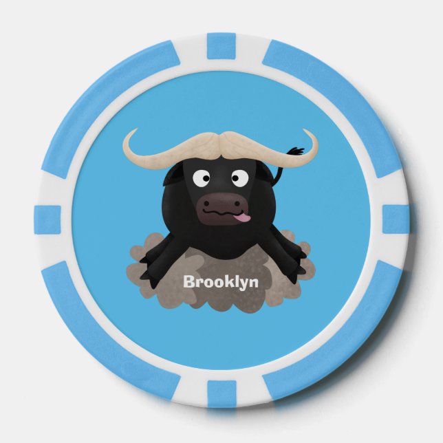 Funny running water buffalo cartoon poker chips (Front)
