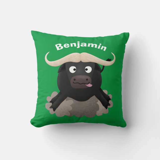 Funny running water buffalo cartoon throw pillow (Front)