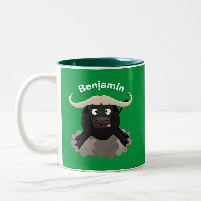 Funny running water buffalo cartoon Two-Tone coffee mug (Left)
