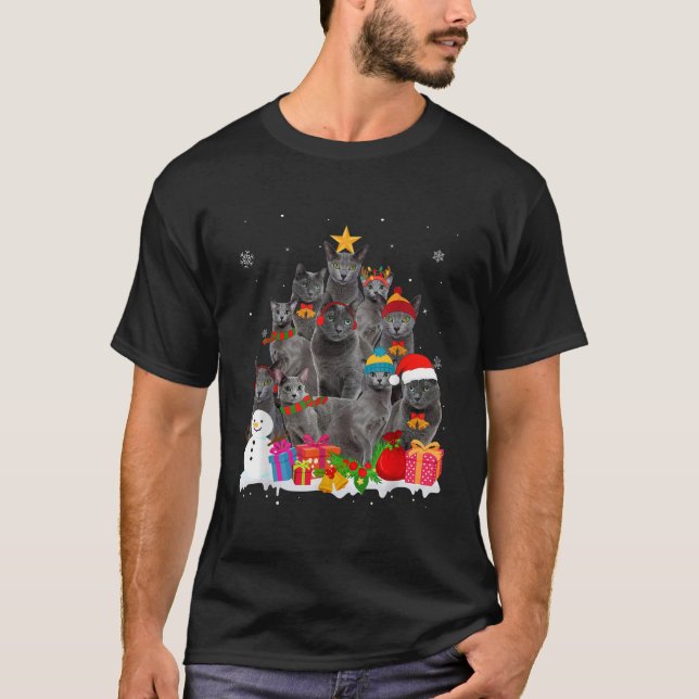 Funny Russian Blue Christmas Tree Pet Cat Lover Xm T-Shirt (Front)