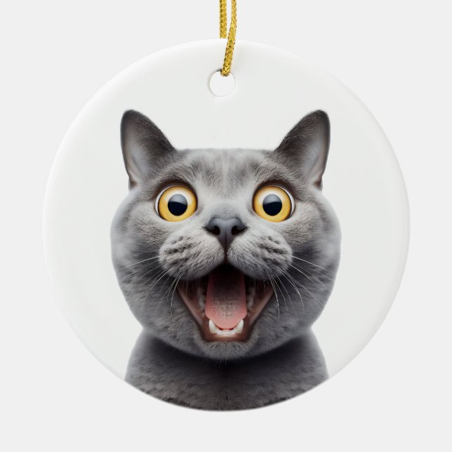 FUNNY RUSSIAN BLUE GRAY CAT SURPRISED CAT FACE CERAMIC ORNAMENT (Front)