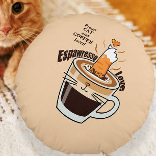 Funny Rustic Boho Coffee Cat Lover Beige Cozy Round Pillow