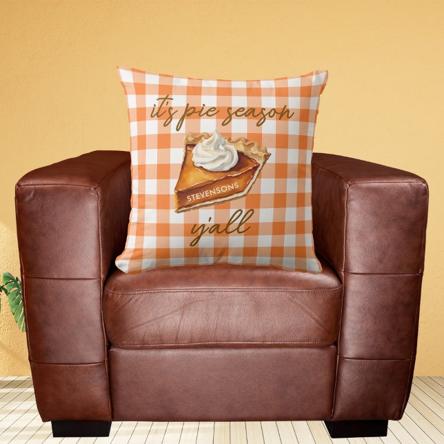Funny Rustic Orange Gingham Pie Fall Themed Decor Throw Pillow (Creator Uploaded)