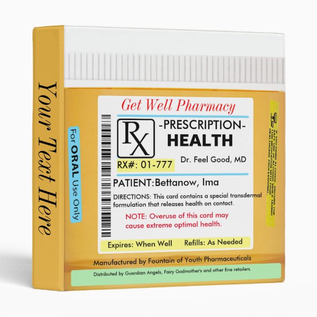 Funny RX Prescription for Health Binder (Front/Spine)