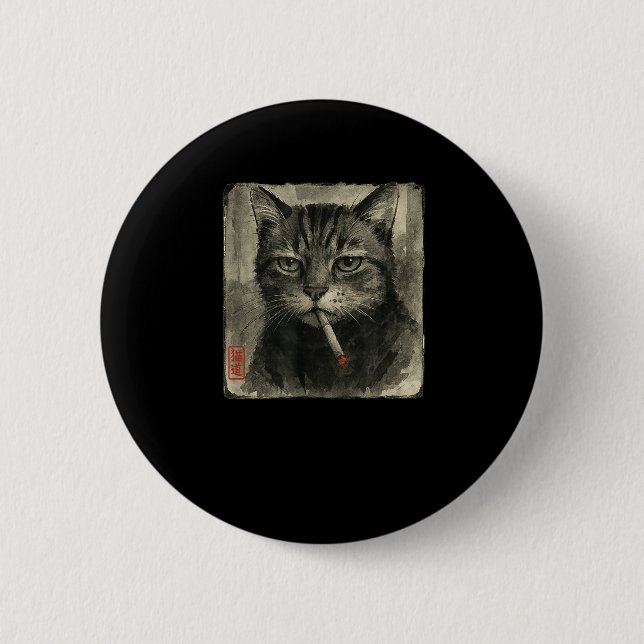 Funny Sad Cat Smoking Cigarette Meme Lover Sumi-e  2 Inch Round Button (Front)