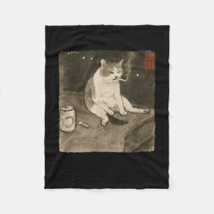 Funny Sad Cat Smoking Meme Sumi-e Japanese Art Kit Fleece Blanket