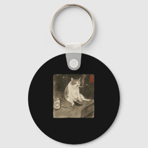 Funny Sad Cat Smoking Meme Sumi-e Japanese Art Kit Keychain
