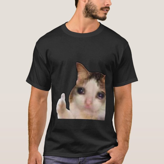Funny Sad Thumbs Up Cat Meme Crying Kitten Lover T-Shirt (Front)