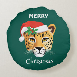 Funny Safari animals Cheetah leopard Santa Xmas Round Pillow