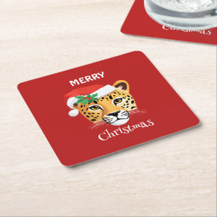 Funny Safari animals Cheetah leopard Santa Xmas Square Paper Coaster
