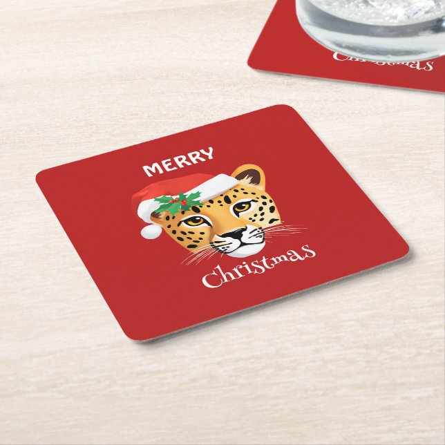 Funny Safari animals Cheetah leopard Santa Xmas Square Paper Coaster (Angled)